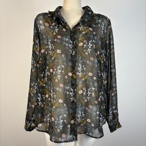Cabi Floret Blouse Large - Sheer Floral Button Down Ruffle Collar L